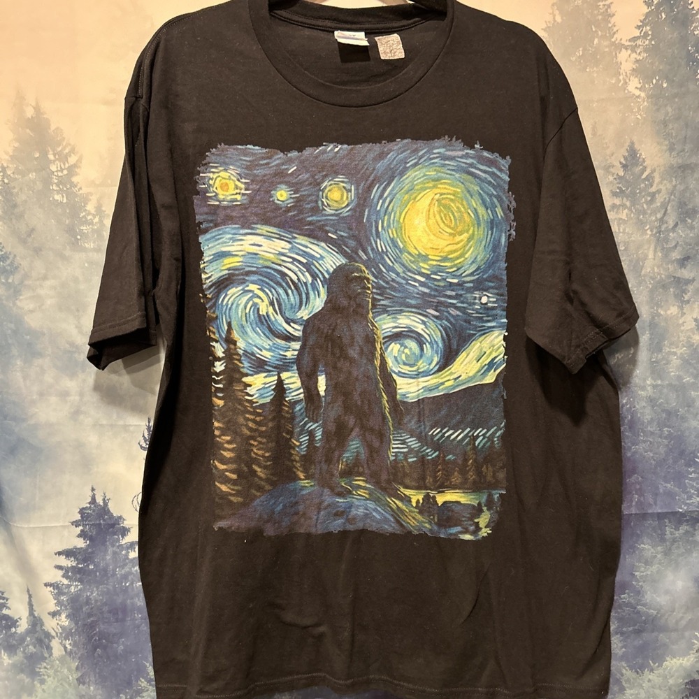 Bigfoot Starry Night Sasquatch Van Gogh Sky Painting Art T-Shirt unisex Tee